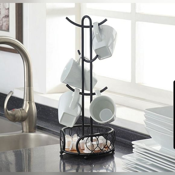 Gahl Heavy Wire Gauge 6 Mug Black Tree Holder w/Storage - 7" D, 7" H, 18.2" L - Picture 4 of 6